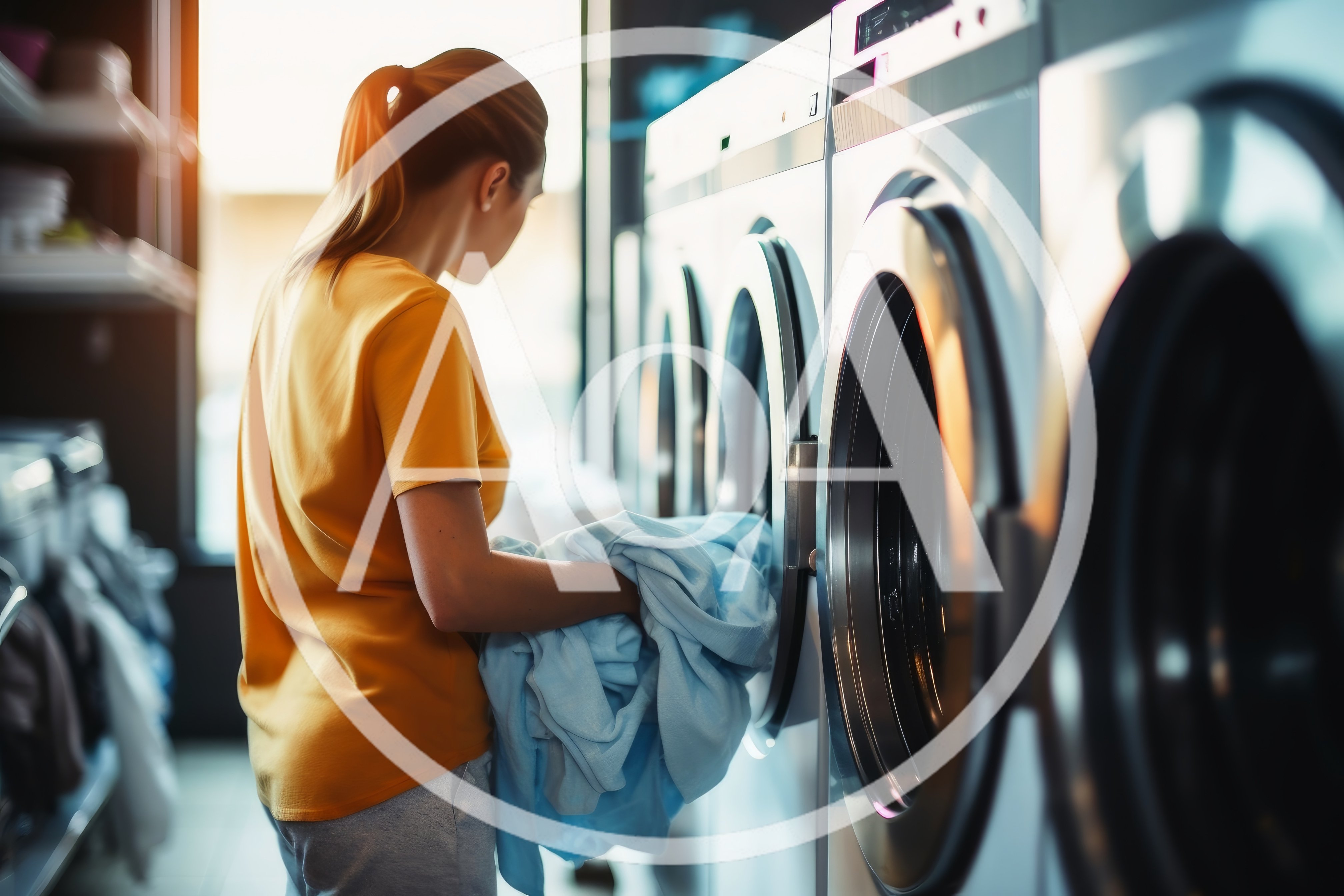 Young Woman Loading Laundry Into A Commercial Washing Machine