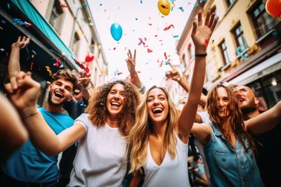 Group of Happy Friends Celebrating at Outdoor Street Party