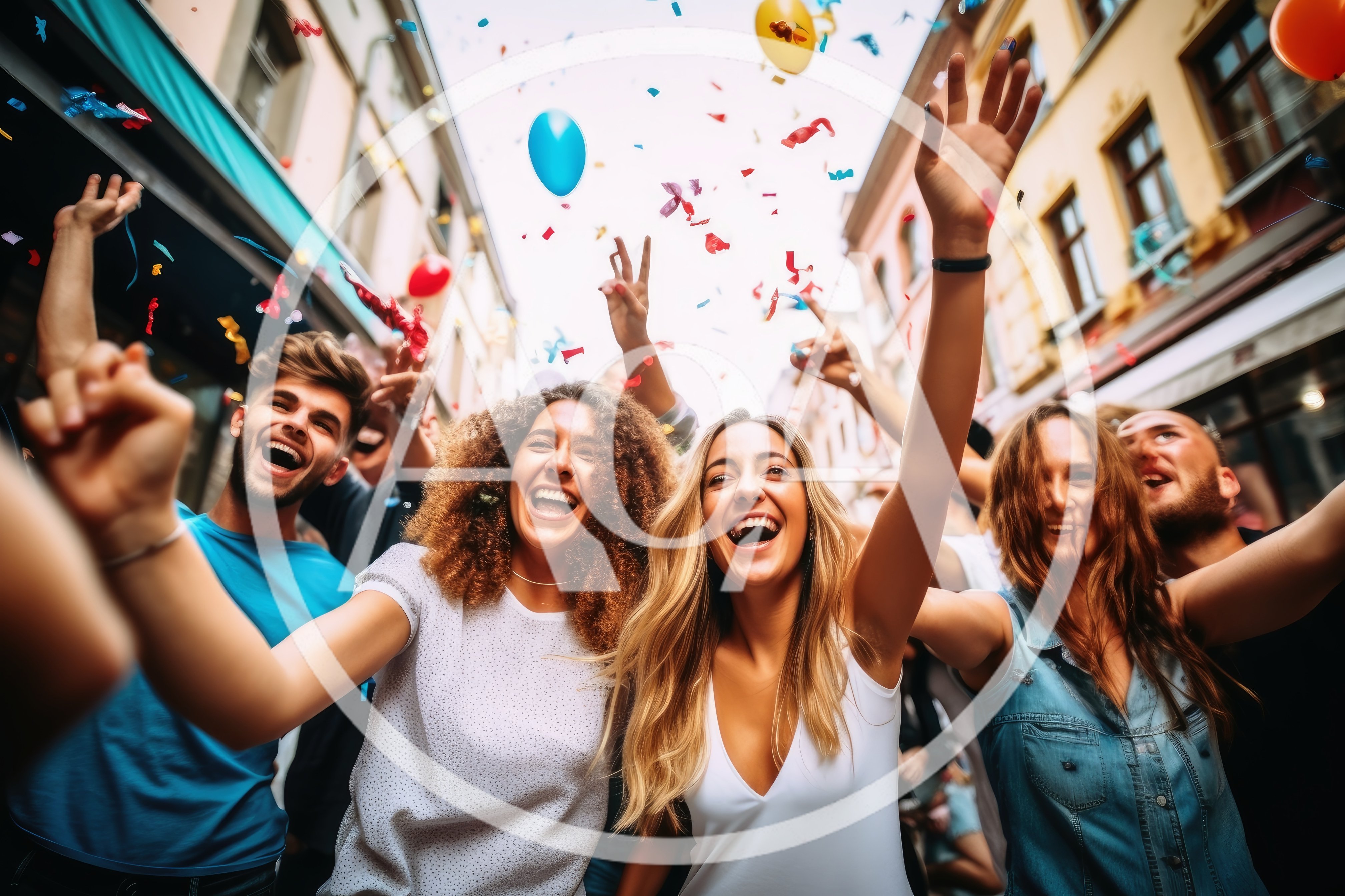 Group of Happy Friends Celebrating at Outdoor Street Party