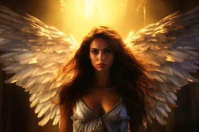 Portrait Of A Beautiful Angel With Large White Wings
