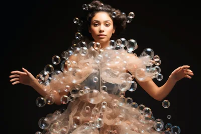 Portrait Of A Woman Surrounded By Floating Bubbles