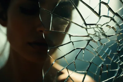Woman Behind Shattered Glass Mirror Fragment