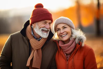 Happy Senior Couple Walking Outdoors In Autumn