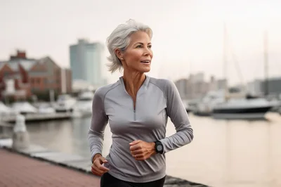 Mature Woman Jogging Along A Waterfront Marina