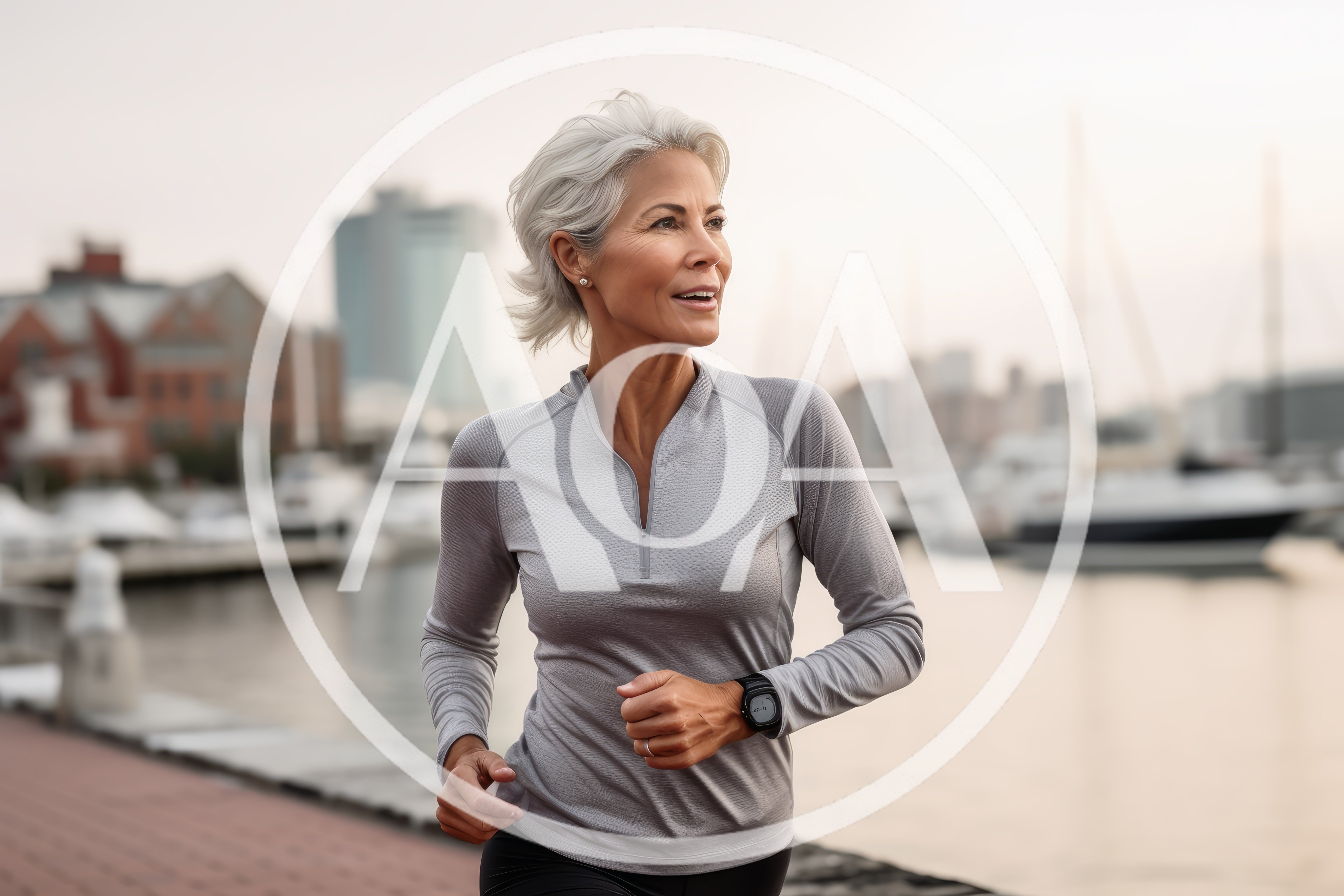 Mature Woman Jogging Along A Waterfront Marina