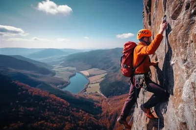 Rock Climber Ascending A Steep Mountain Cliff Face