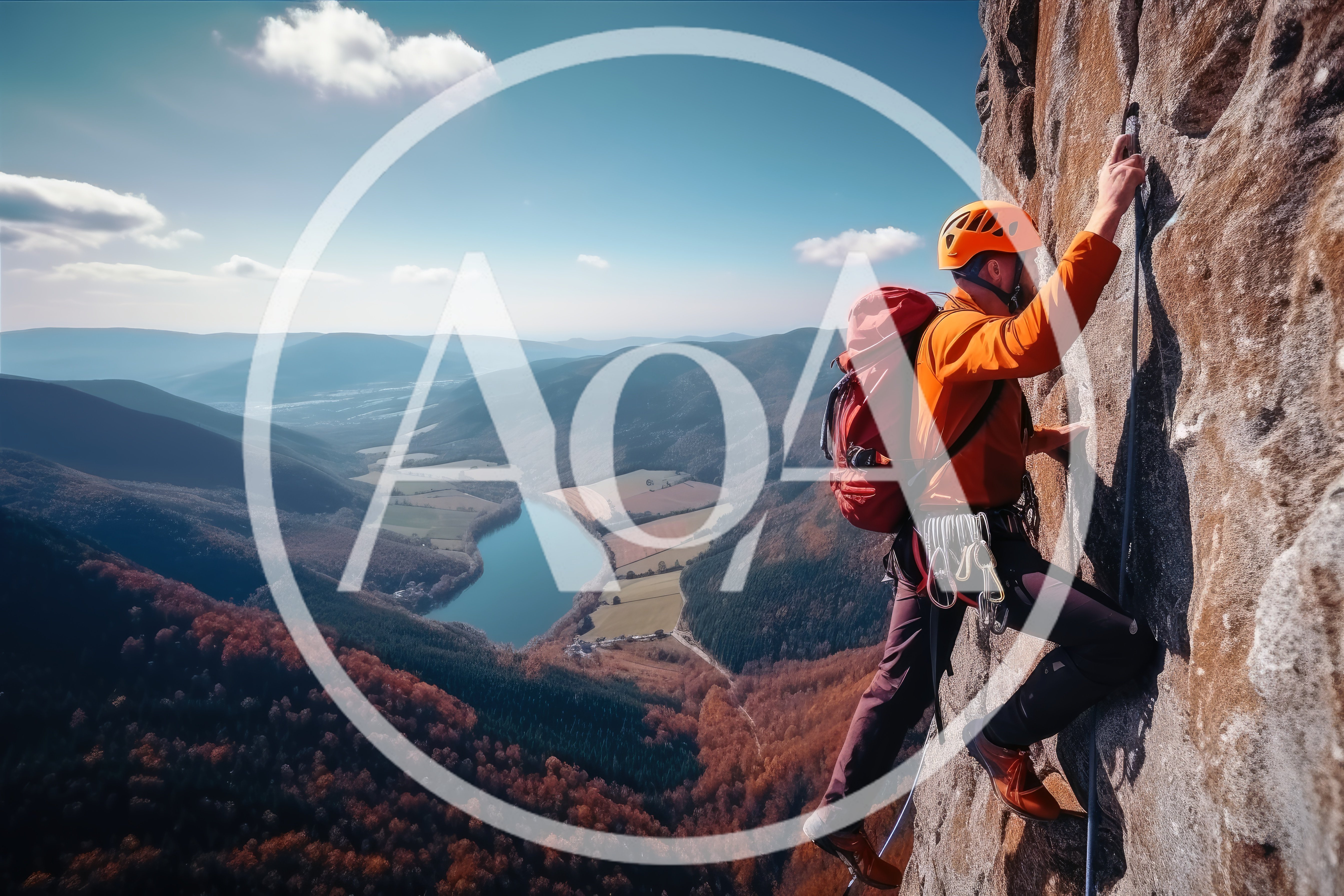 Rock Climber Ascending A Steep Mountain Cliff Face
