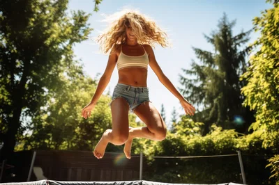 Young Woman Jumping High on a Backyard Trampoline
