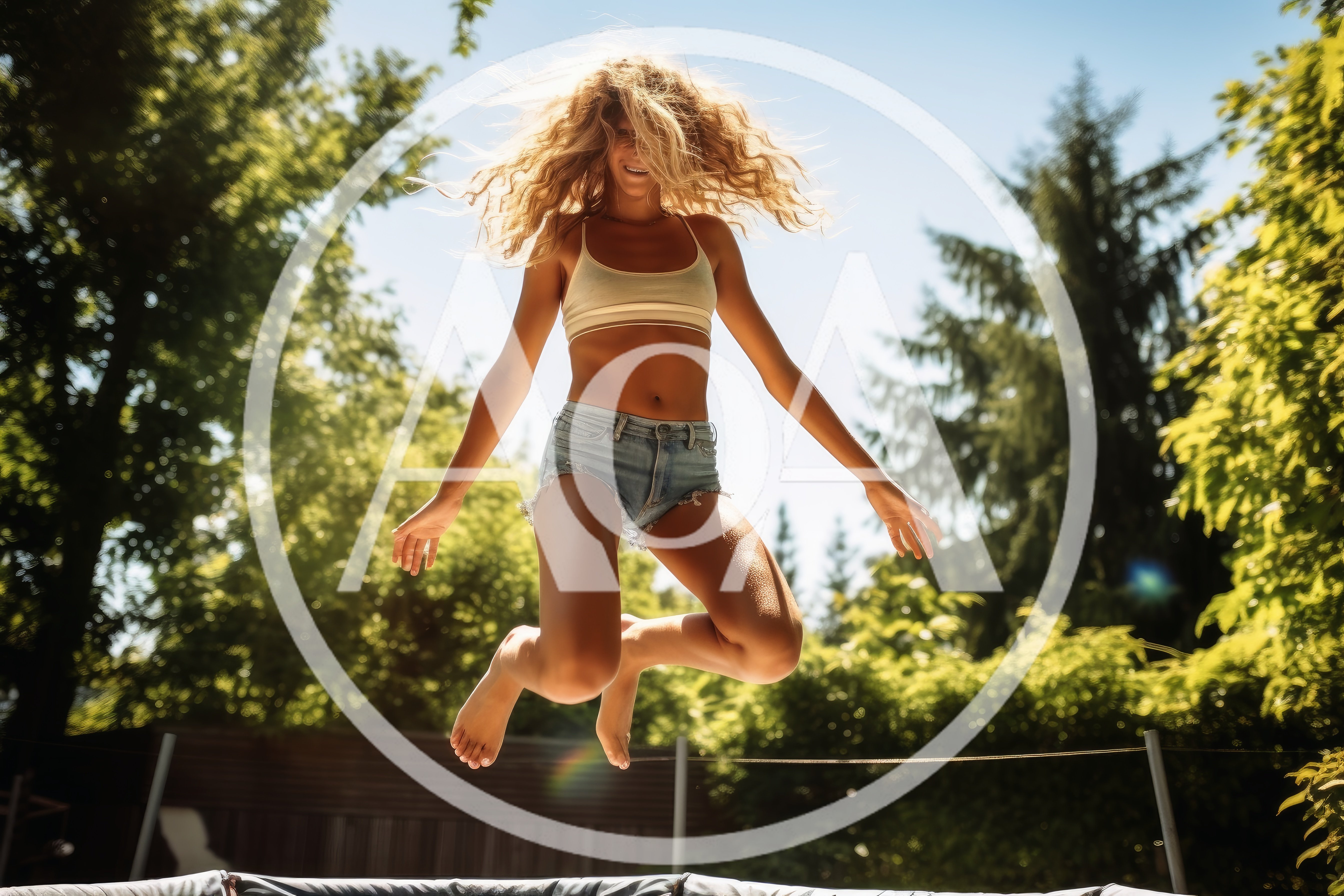 Young Woman Jumping High on a Backyard Trampoline