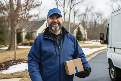 Smiling Delivery Driver Holding Package In Residential Neighborhood