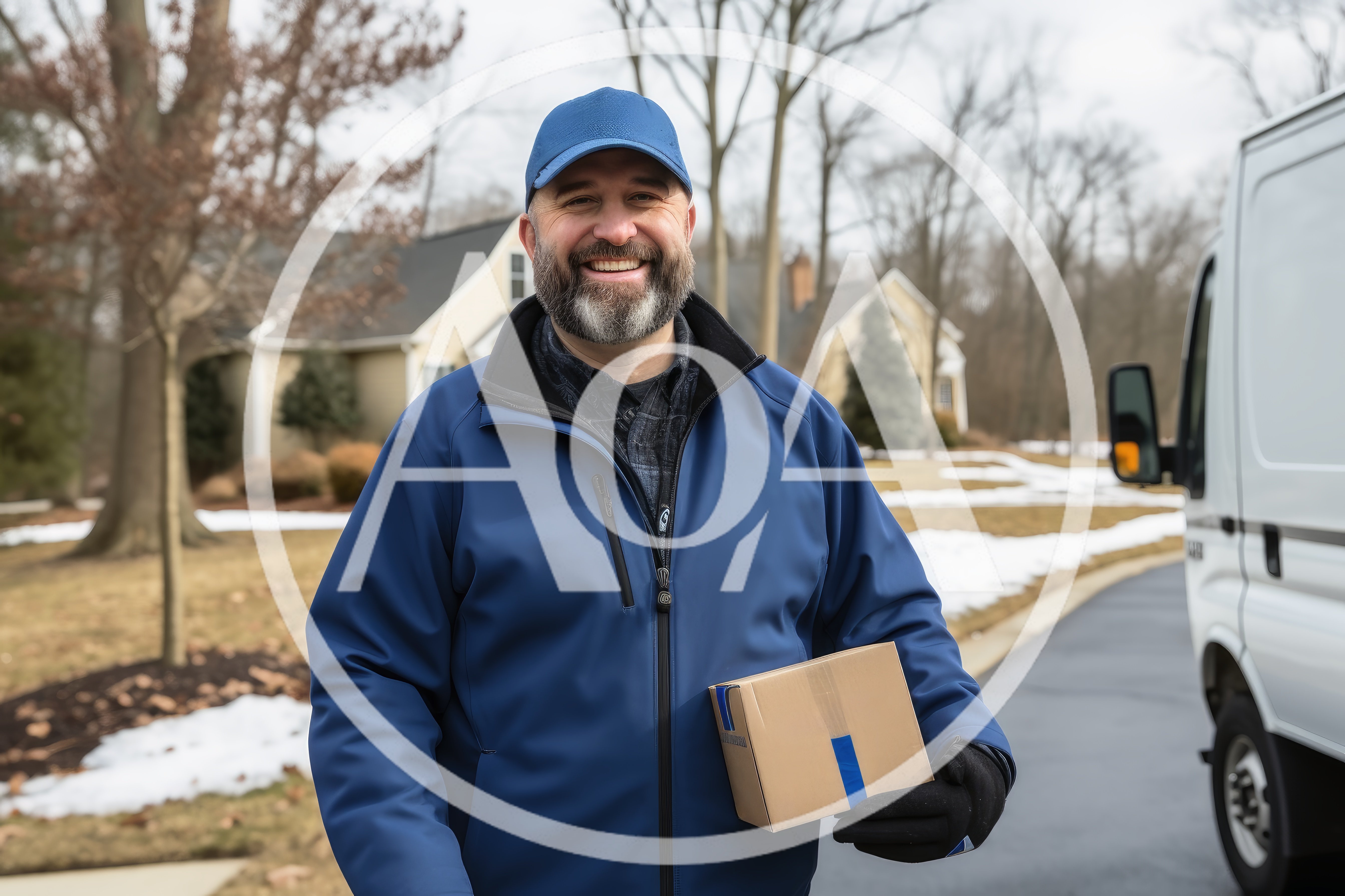 Smiling Delivery Driver Holding Package In Residential Neighborhood