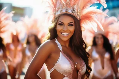 Beautiful Carnival Dancer Wearing Elaborate Feather Headdress
