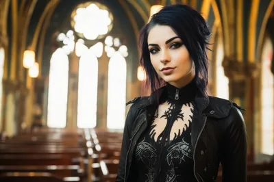 Gothic Woman Standing Inside A Traditional Church