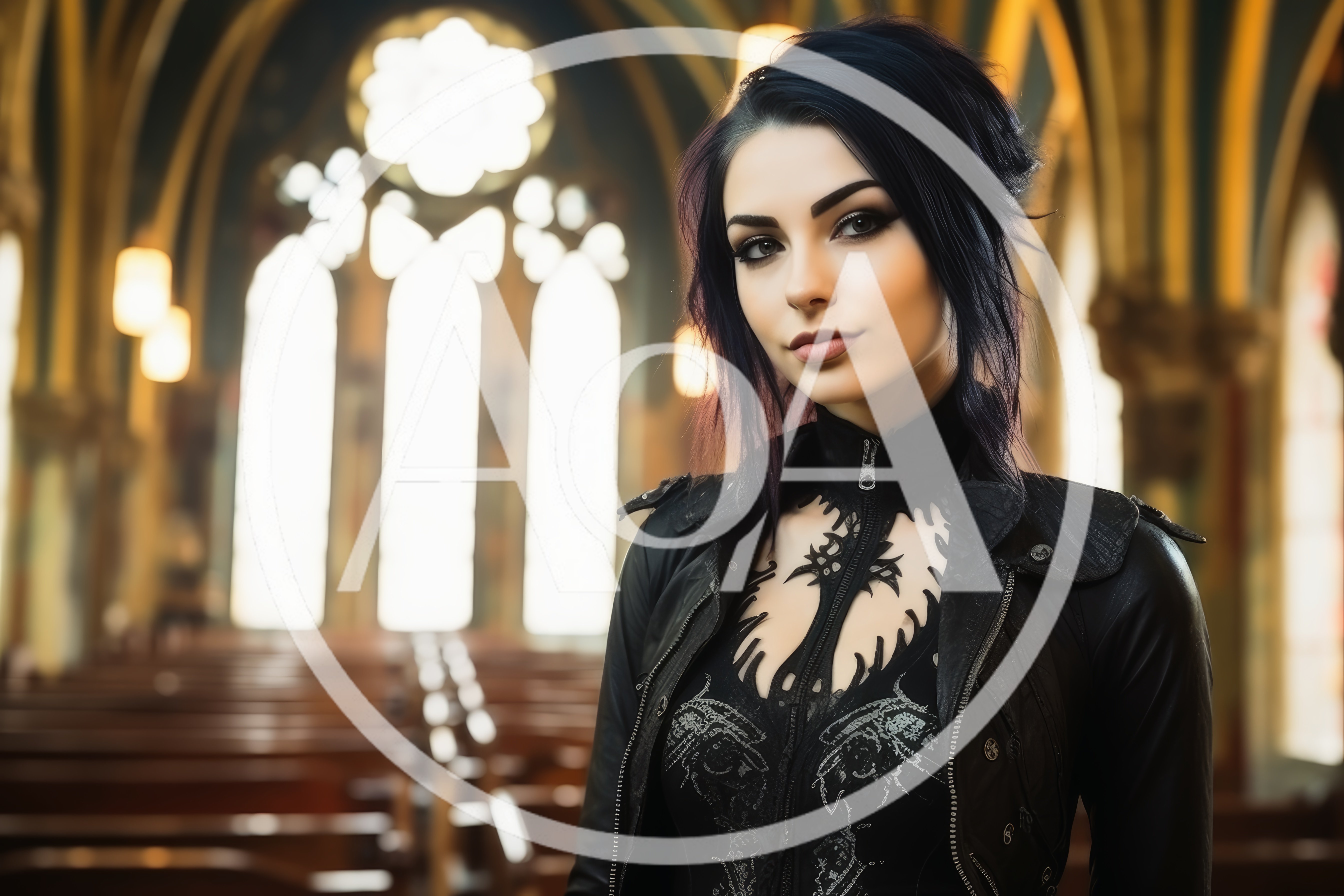 Gothic Woman Standing Inside A Traditional Church