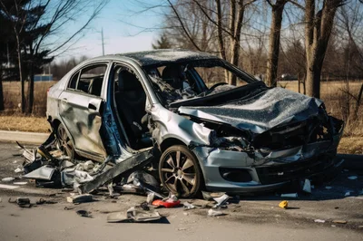 Wrecked Silver Sedan After A Severe Traffic Accident