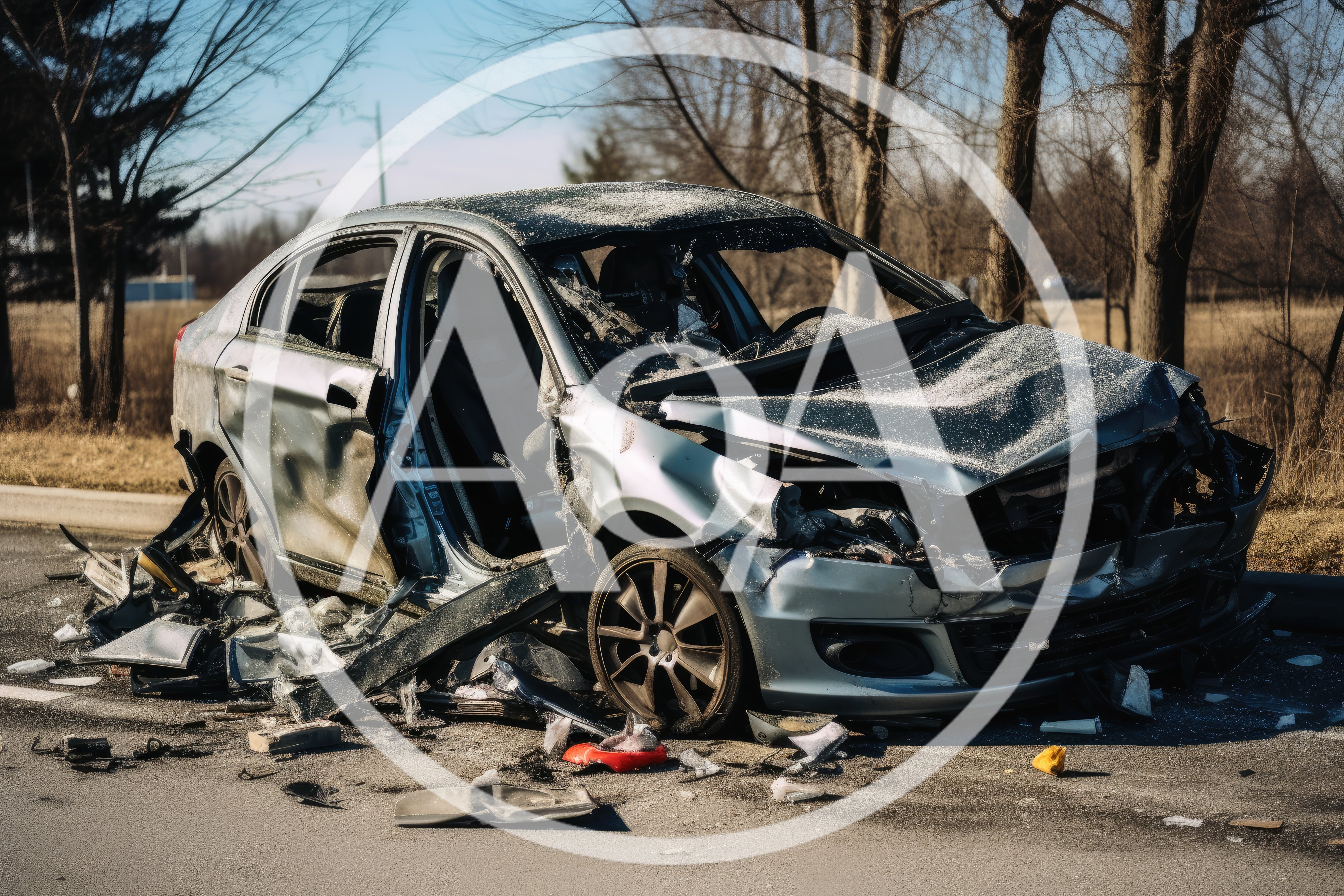 Wrecked Silver Sedan After A Severe Traffic Accident
