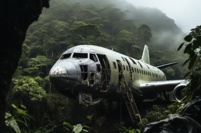 Abandoned Airplane Wreckage In A Misty Tropical Jungle