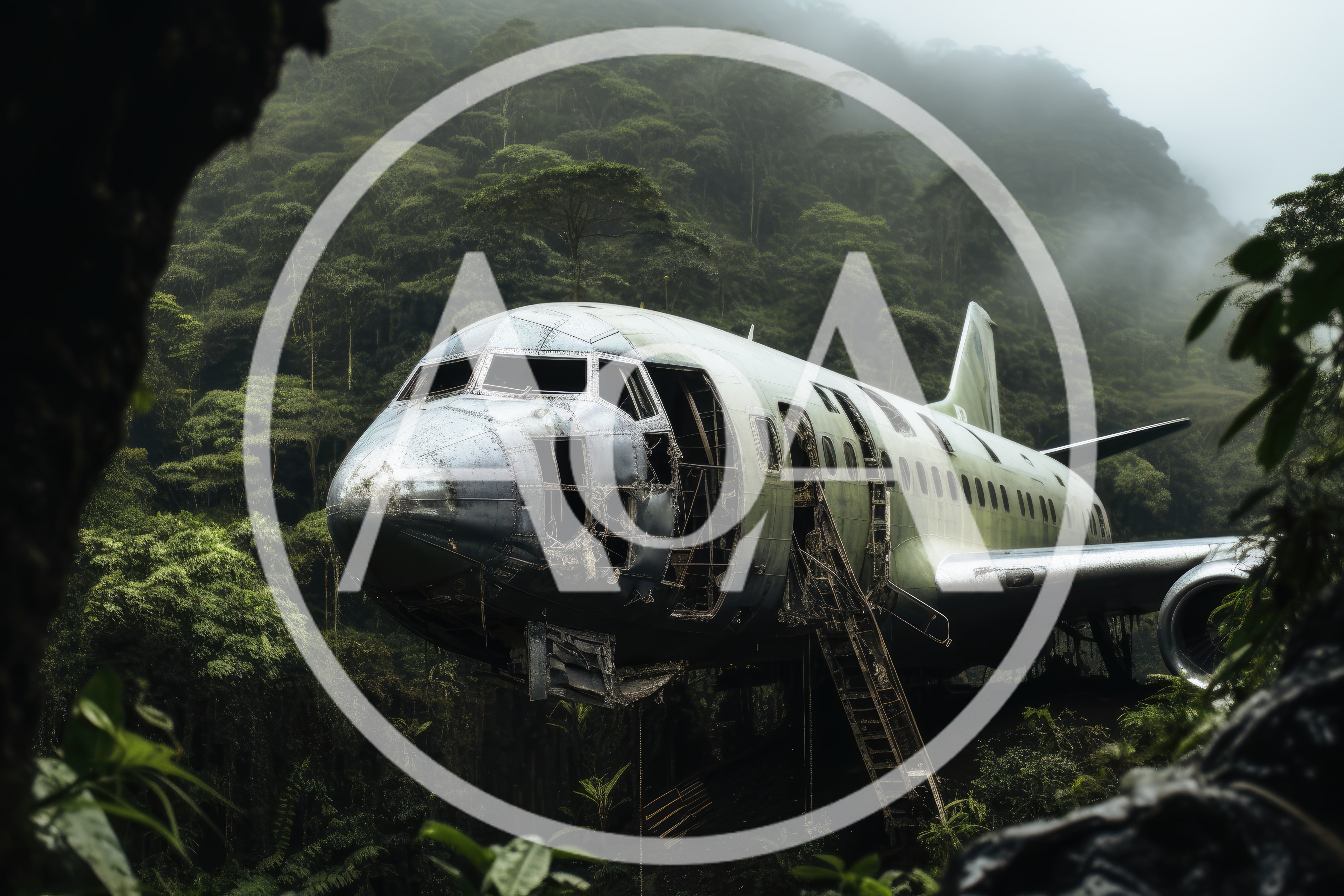Abandoned Airplane Wreckage In A Misty Tropical Jungle