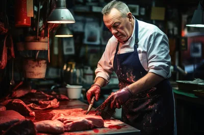 Professional Butcher Cutting Raw Meat In A Traditional Shop