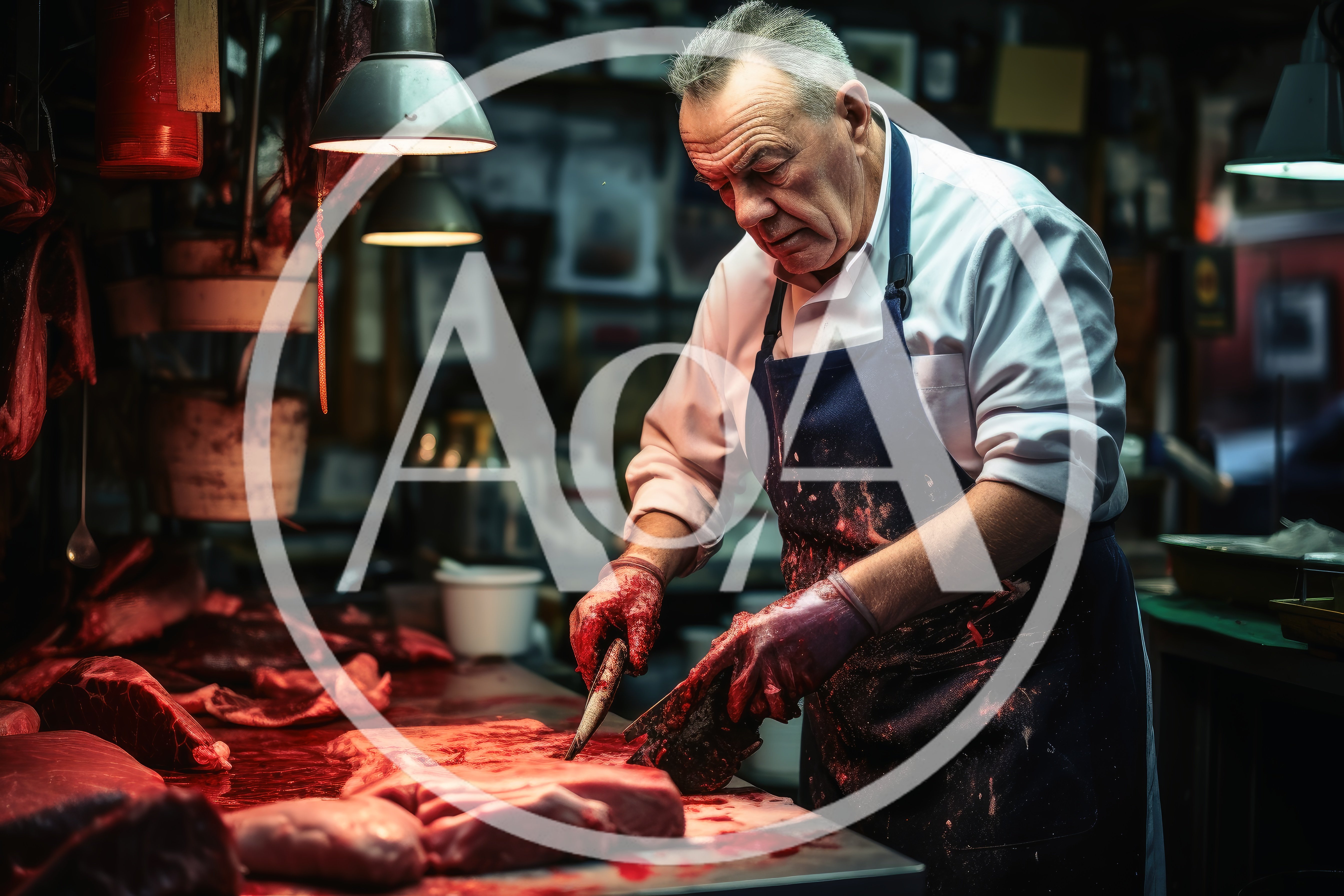 Professional Butcher Cutting Raw Meat In A Traditional Shop