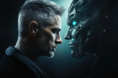Man Facing A Futuristic Robotic Android Head