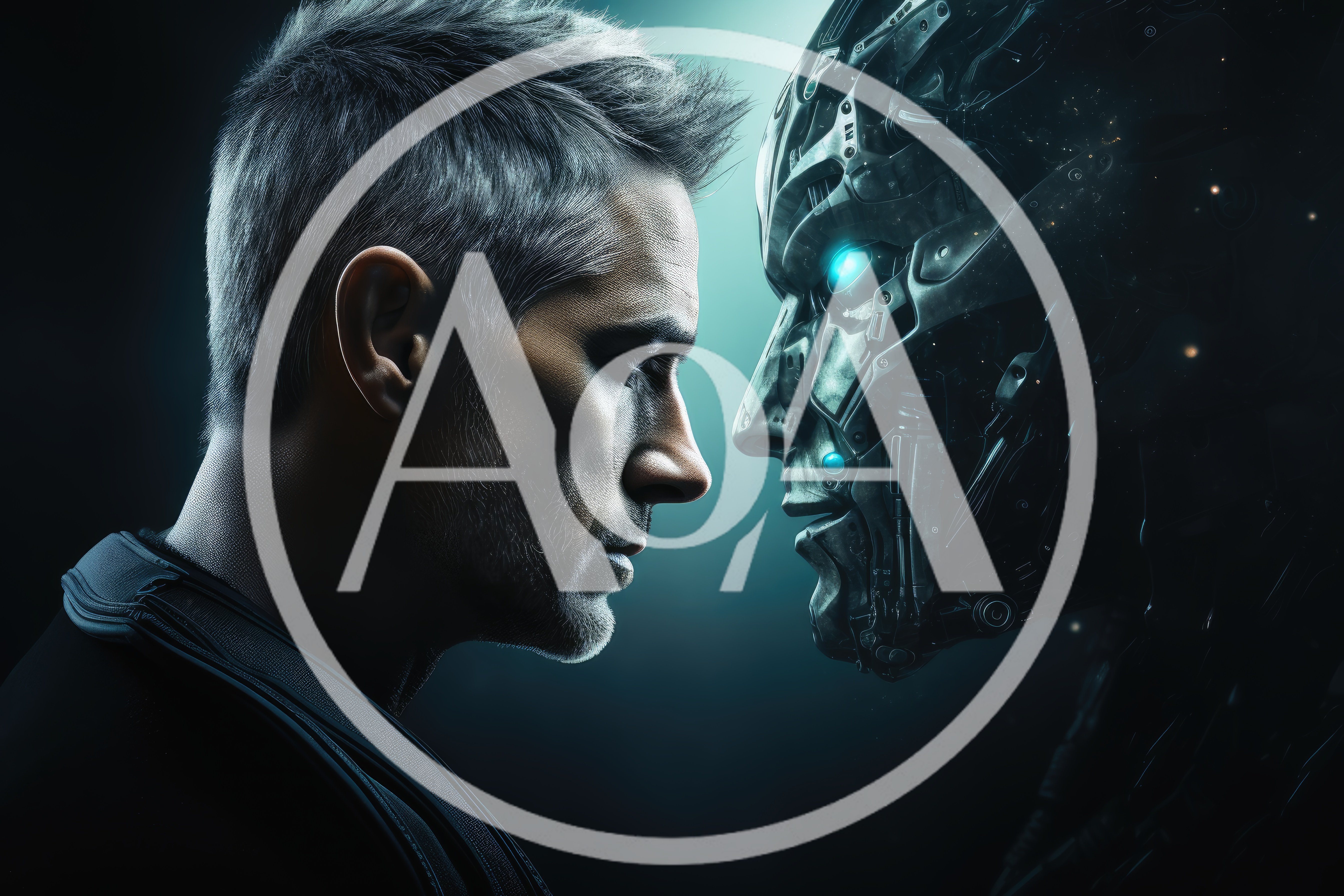 Man Facing A Futuristic Robotic Android Head