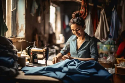 Young Woman Sewing Fabric On Vintage Sewing Machine