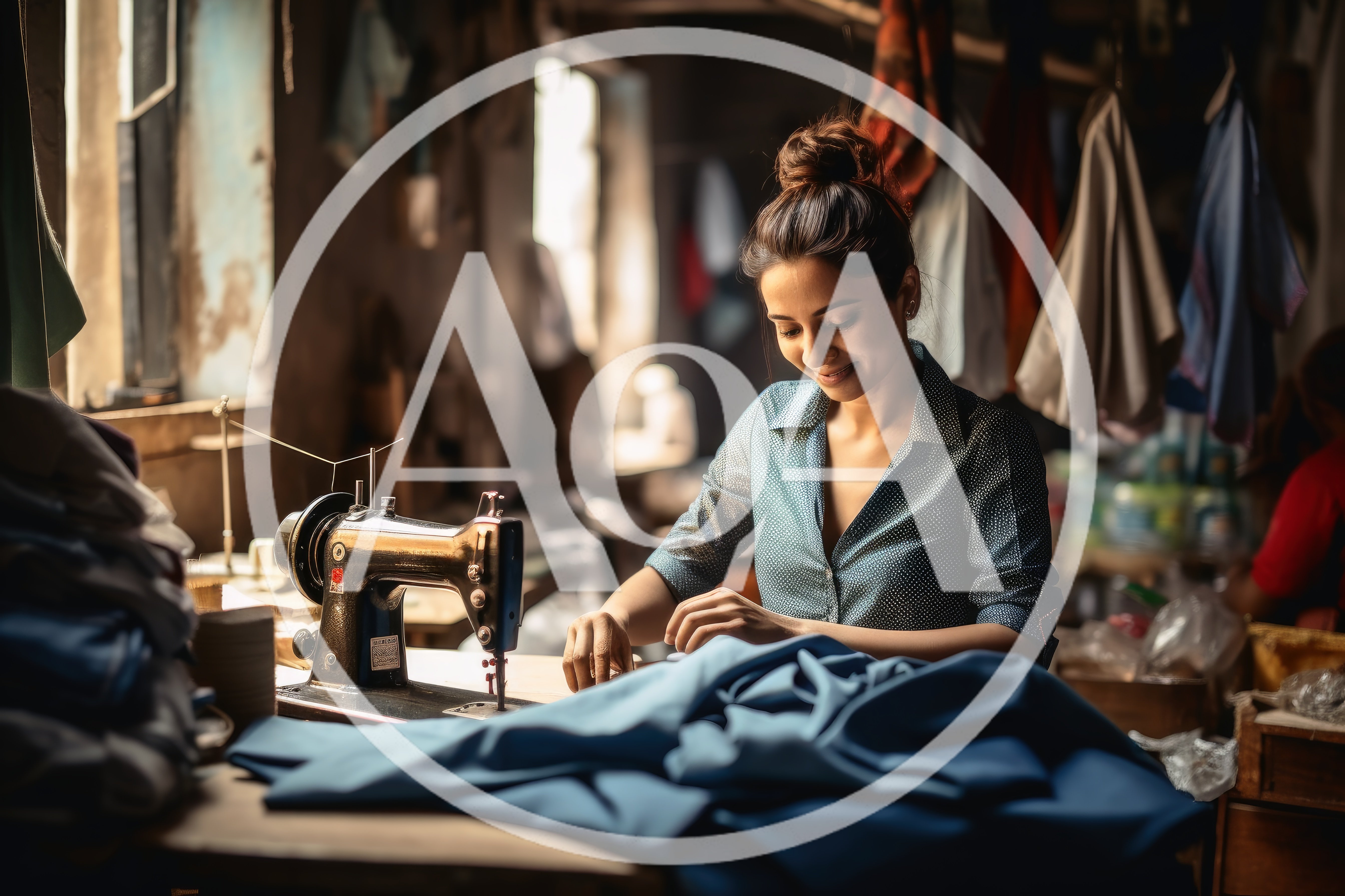 Young Woman Sewing Fabric On Vintage Sewing Machine