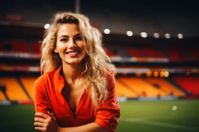 Smiling Blonde Woman Standing In A Soccer Stadium