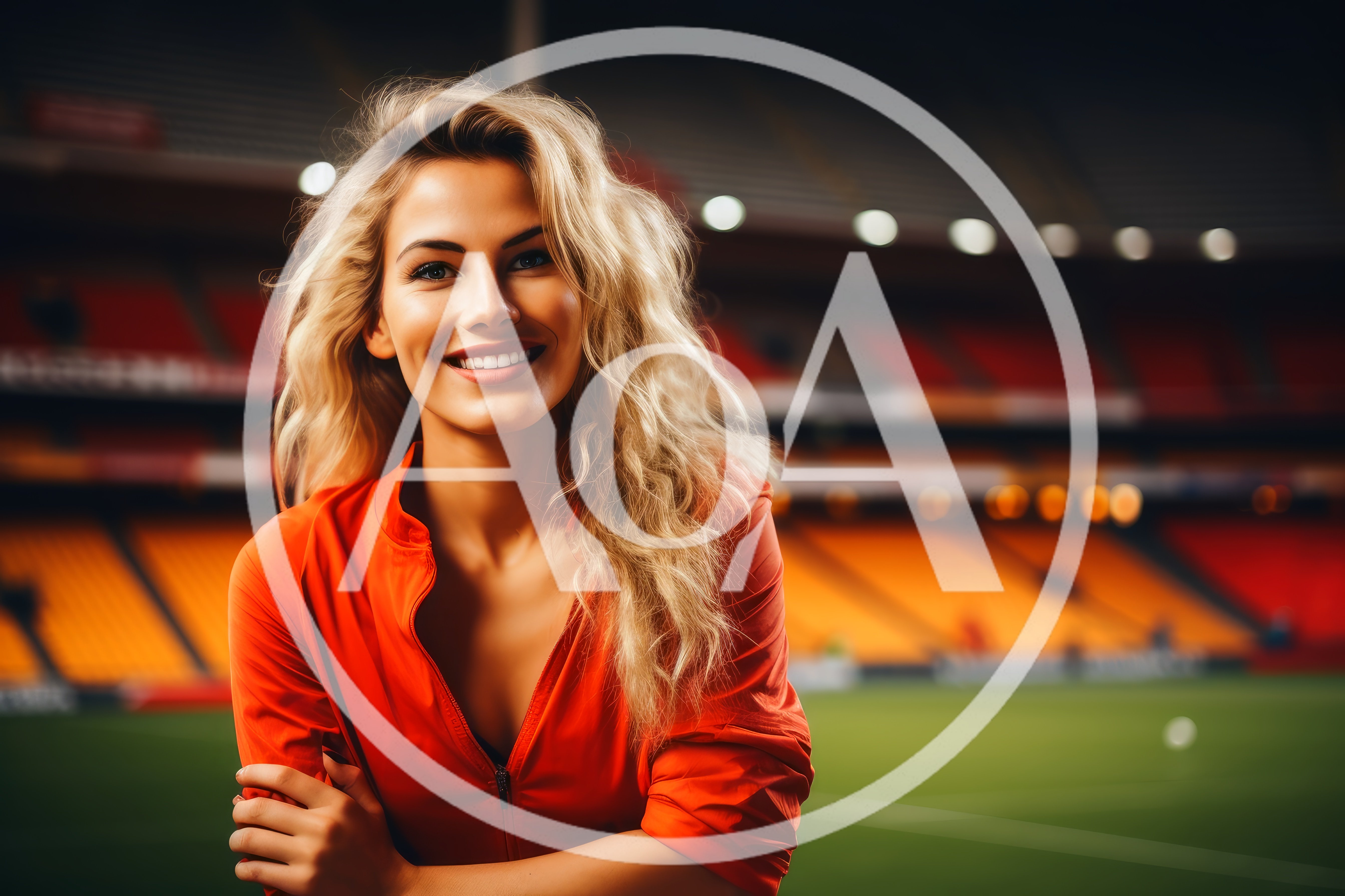 Smiling Blonde Woman Standing In A Soccer Stadium