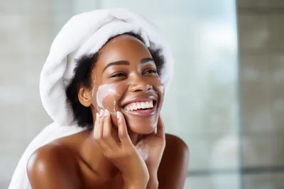 Young Black Woman Applying Skincare Cream In Bathroom