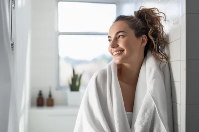 Young Woman Smiling Wrapped In A White Towel