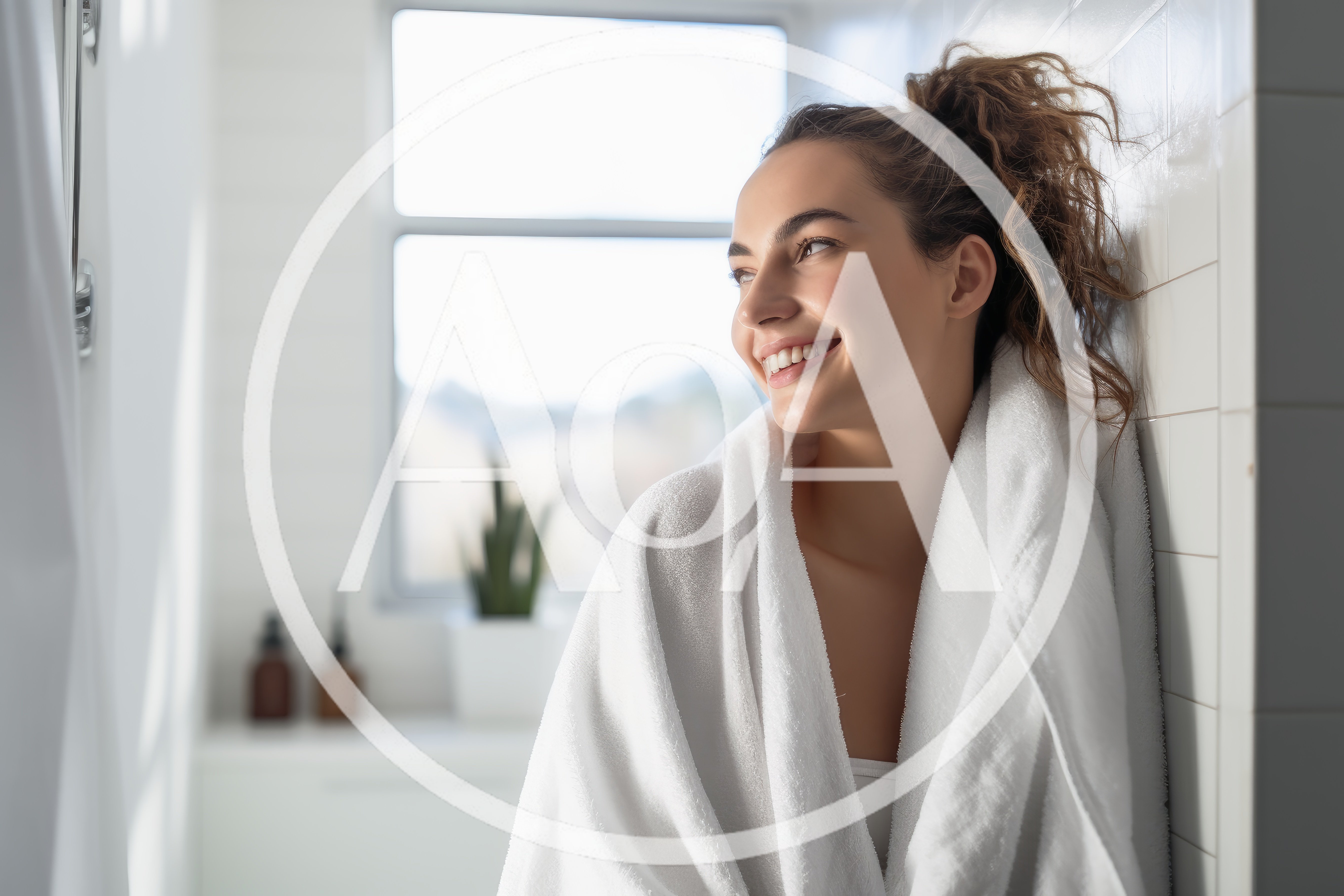Young Woman Smiling Wrapped In A White Towel