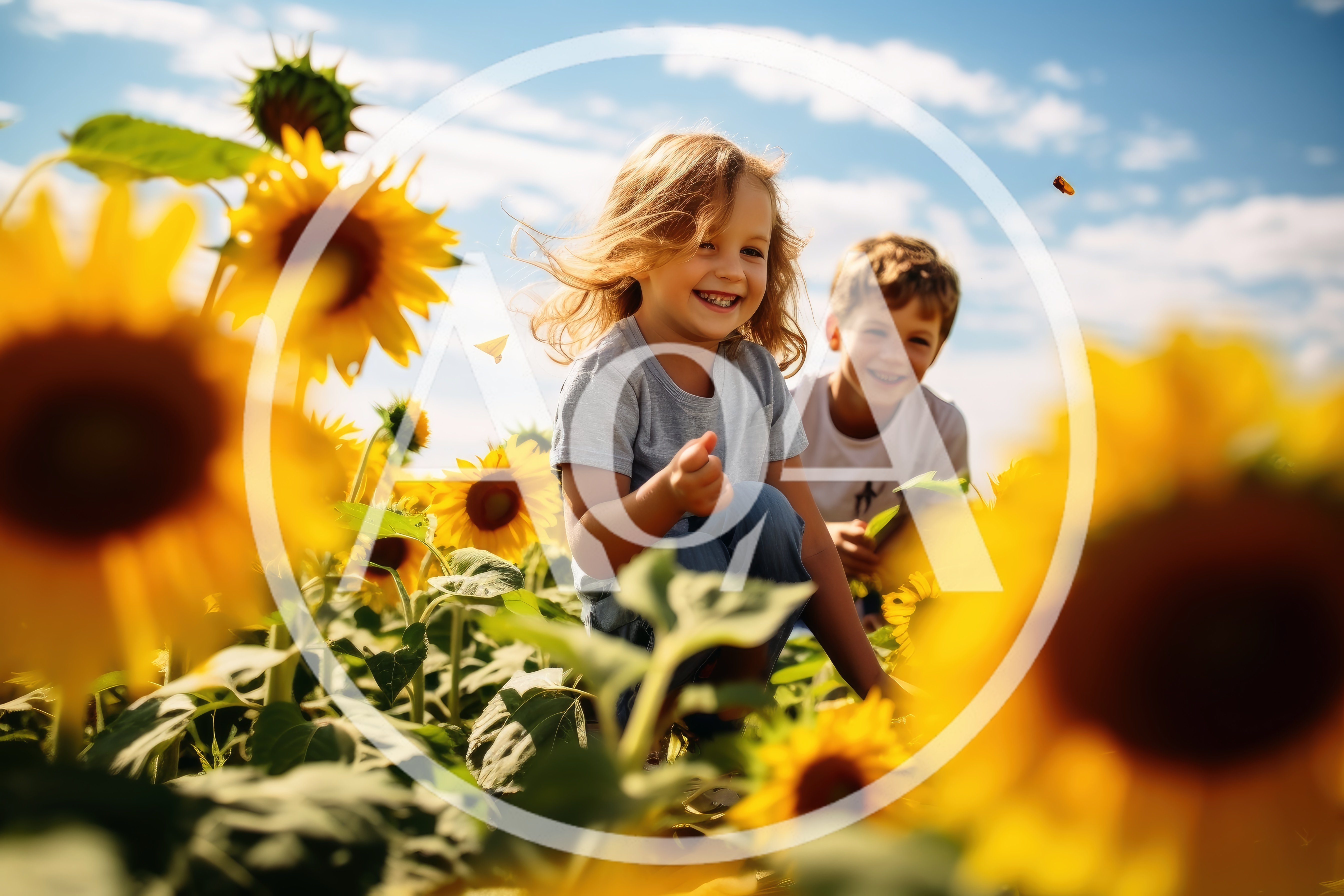 Happy Children Playing In A Sunny Sunflower Field