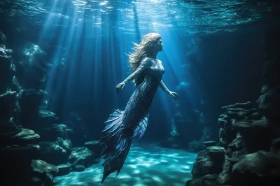 Ethereal Mermaid Swimming Through Deep Underwater Ocean Cave
