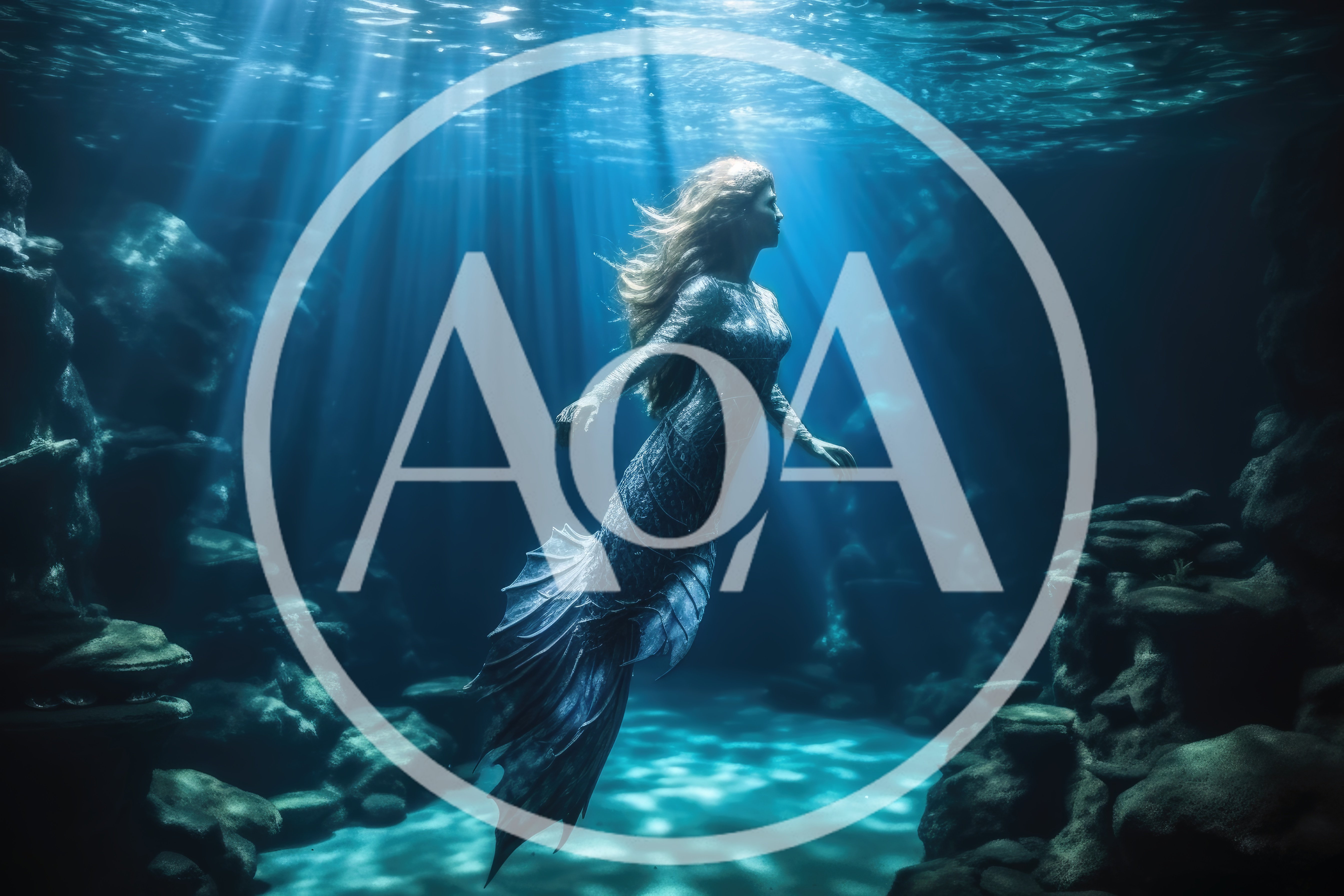 Ethereal Mermaid Swimming Through Deep Underwater Ocean Cave
