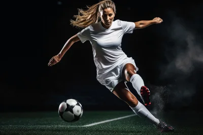Female Soccer Player Kicking Ball On Dark Field