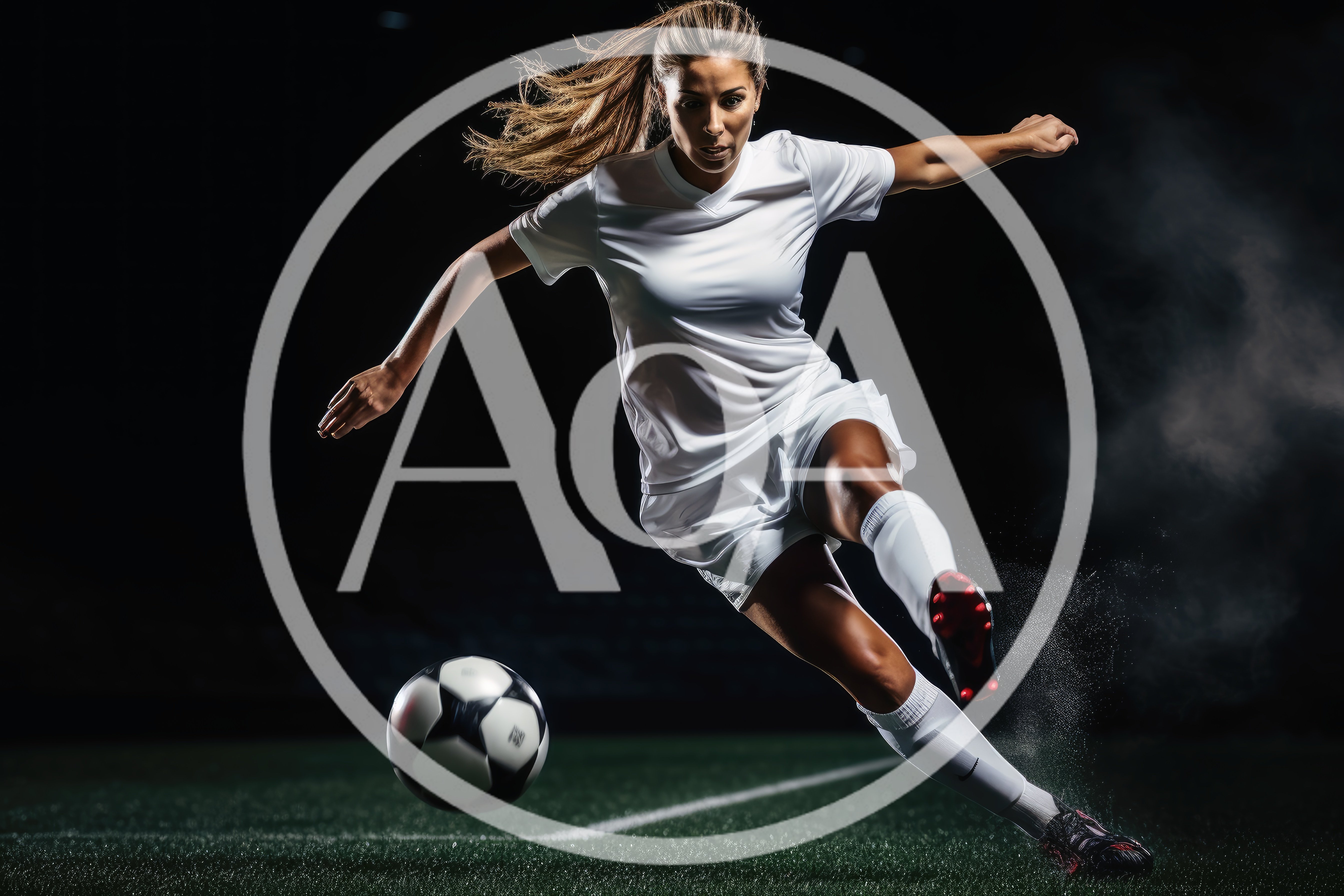 Female Soccer Player Kicking Ball On Dark Field