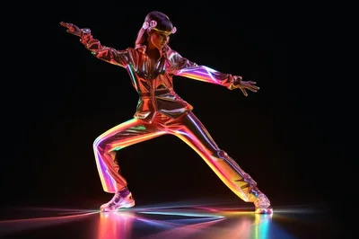 Dancer In Iridescent Holographic Suit Performing