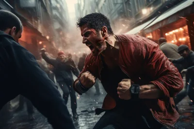 Aggressive Man Fighting In A Chaotic Street Brawl