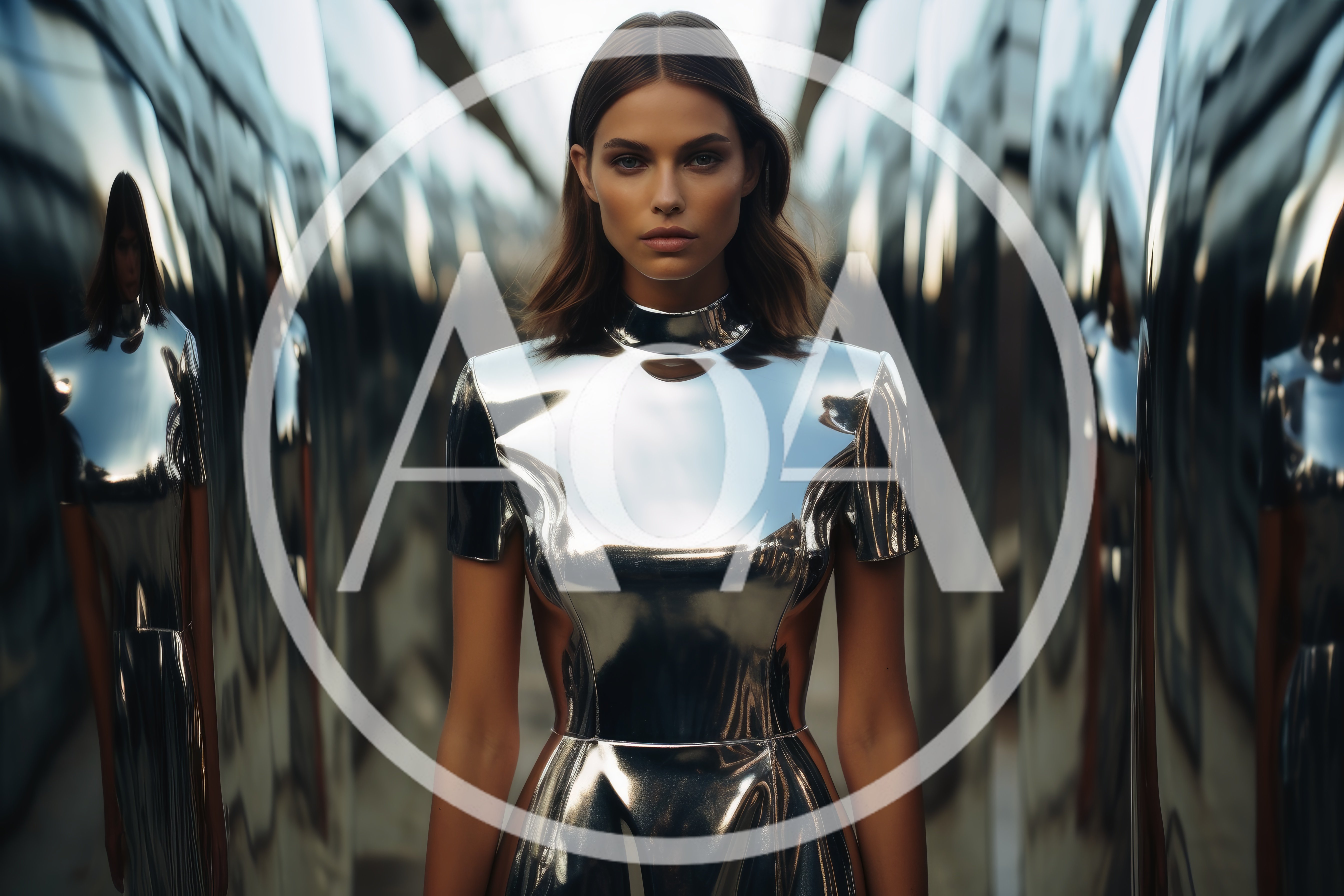 Futuristic Woman In Metallic Chrome Dress