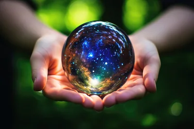 Hands Holding A Glowing Crystal Ball With Galaxy Imagery