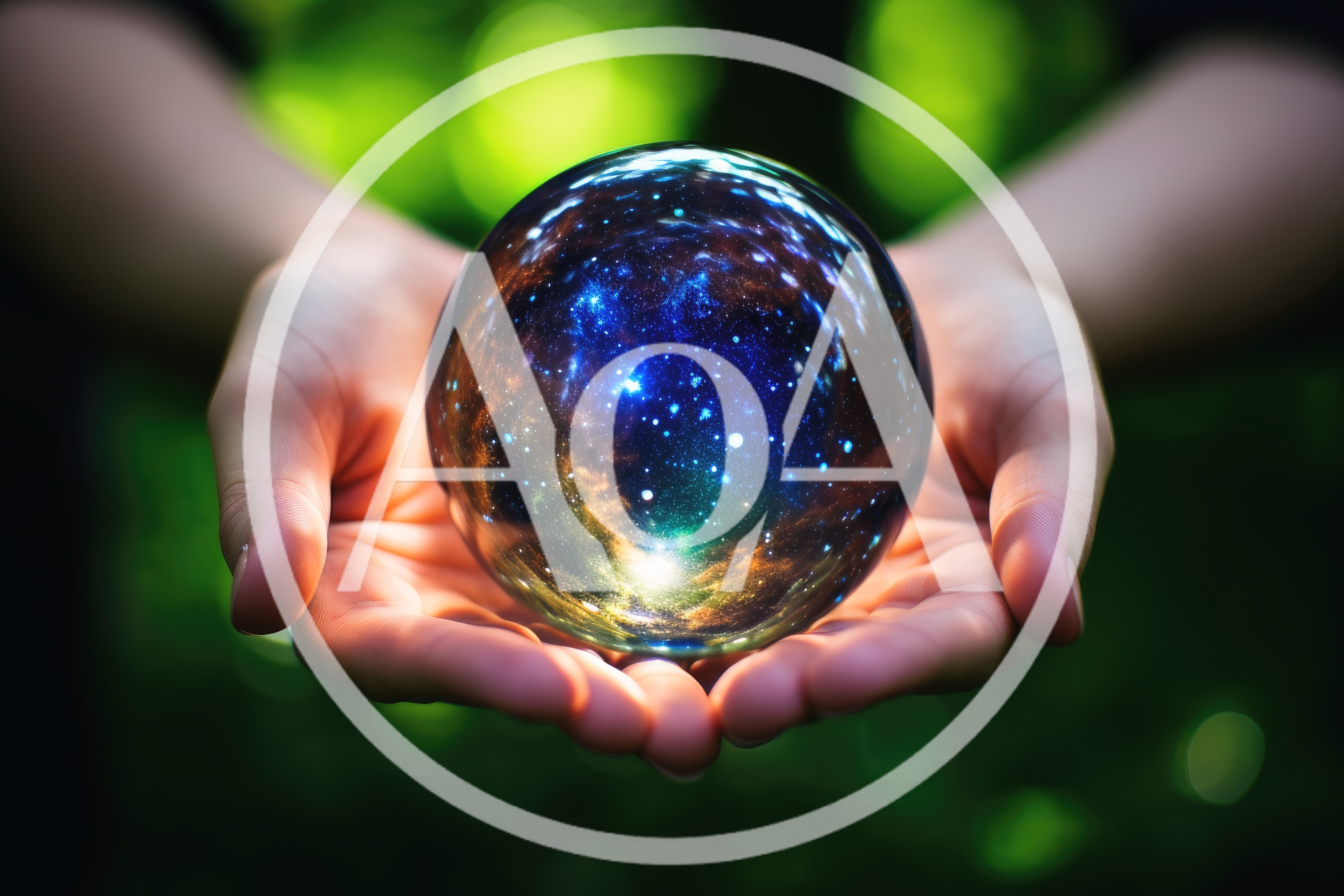 Hands Holding A Glowing Crystal Ball With Galaxy Imagery