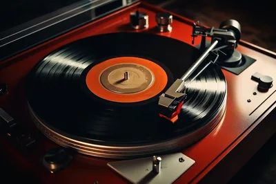 Vintage Red Turntable Playing A Vinyl Record
