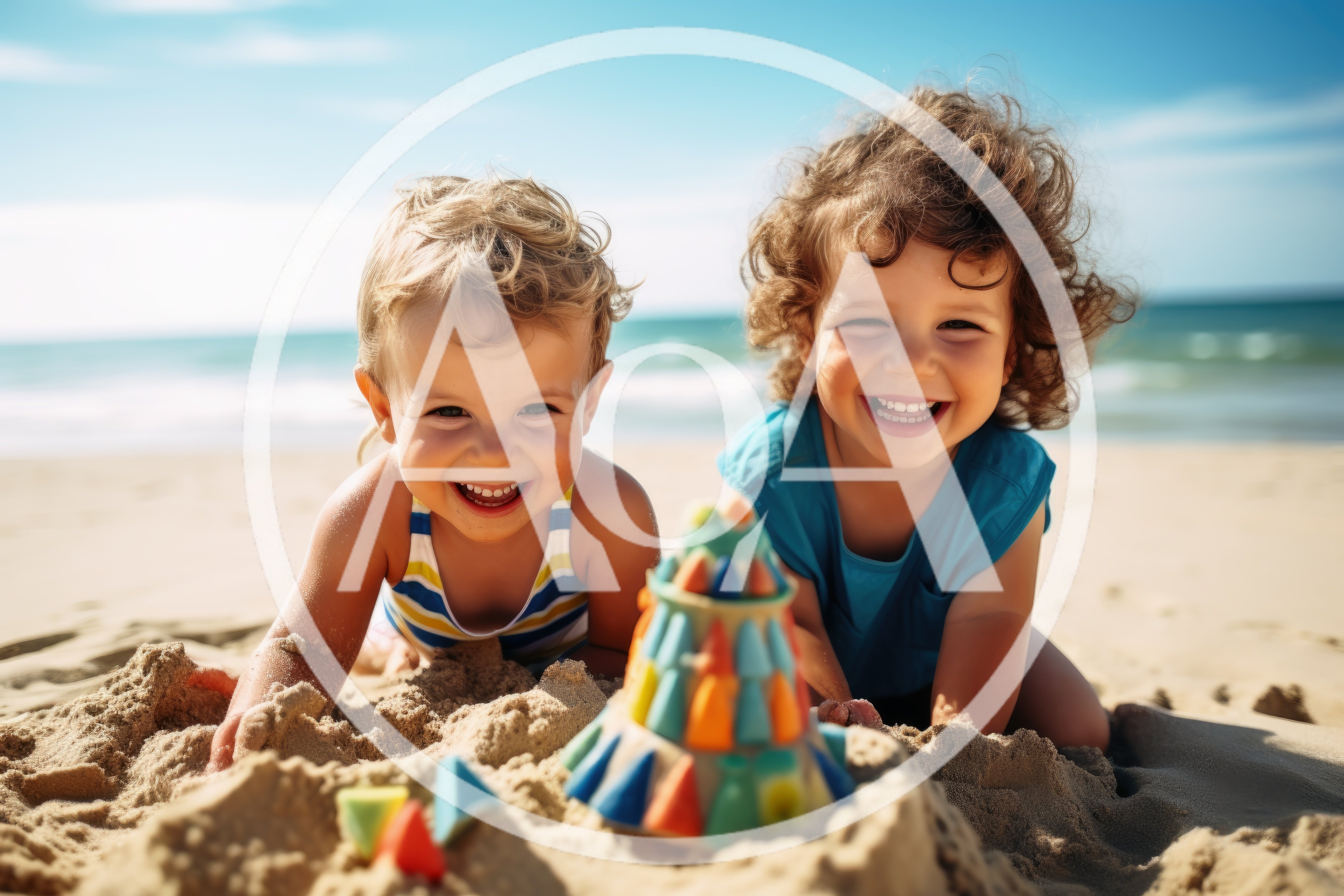 Two Happy Toddlers Playing With Sandcastle On Beach