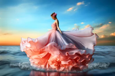 Woman In Flowing Pink Gown Standing On Ocean Waves