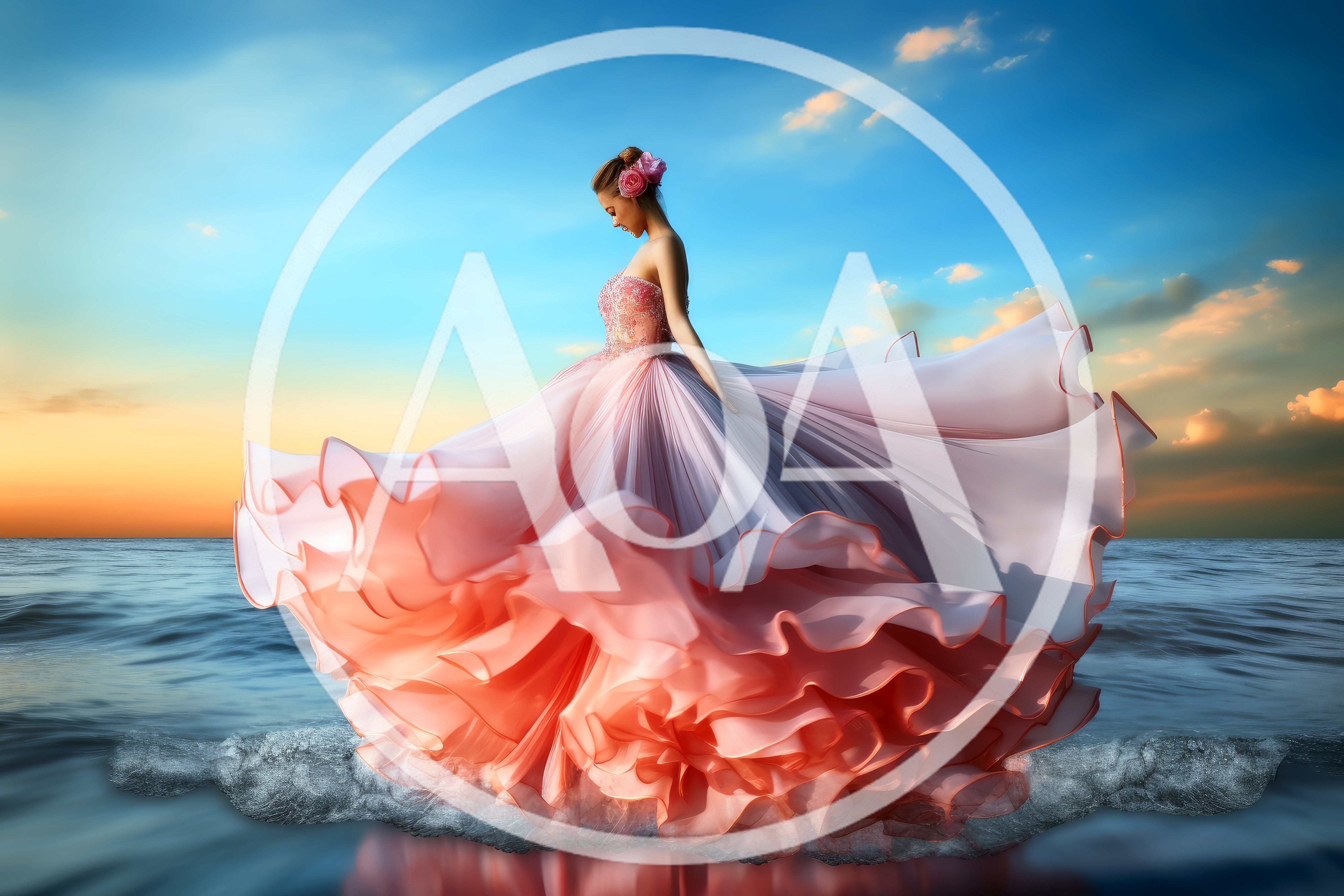 Woman In Flowing Pink Gown Standing On Ocean Waves
