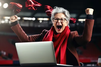 Excited Senior Woman Celebrating Sports Victory On Laptop