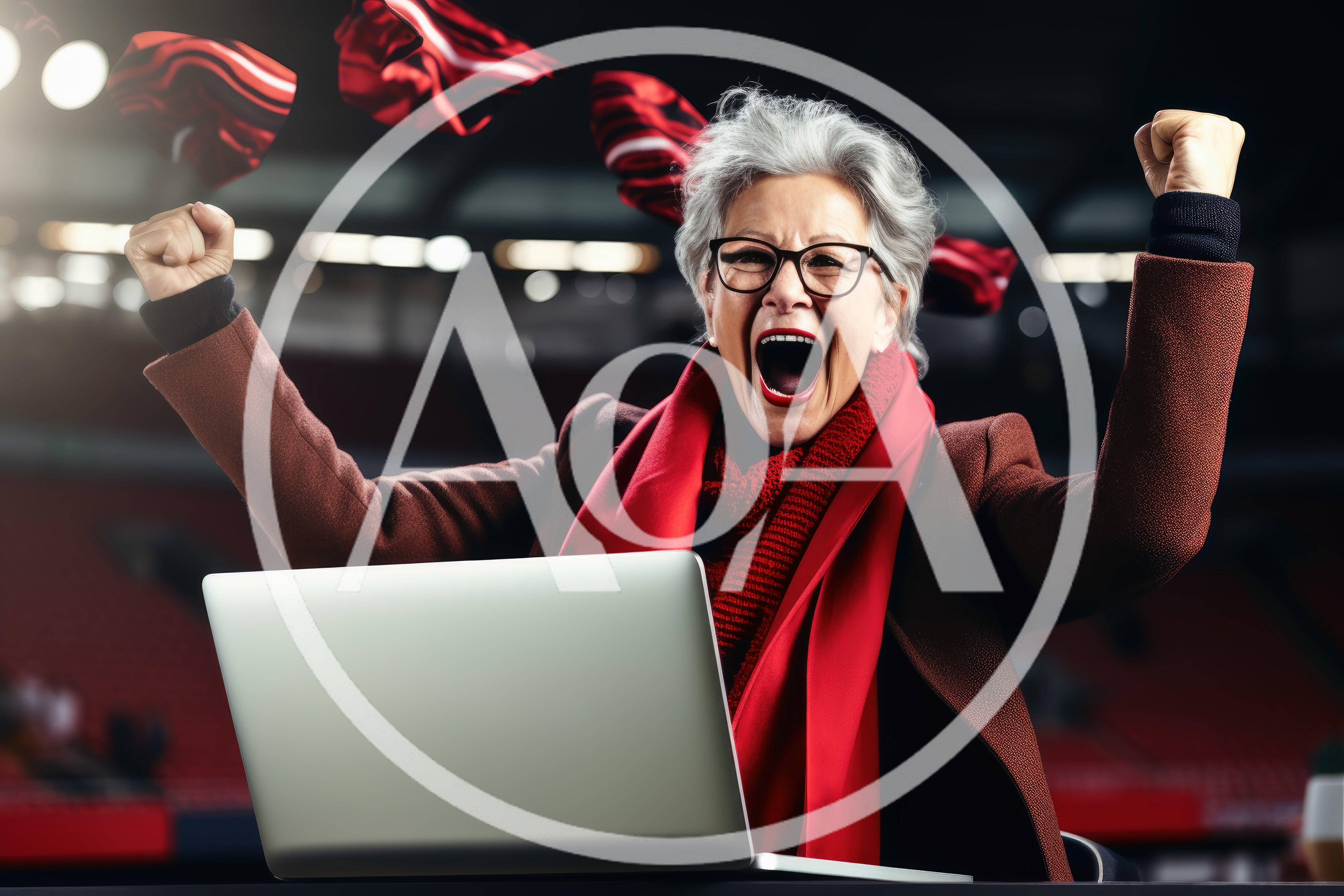 Excited Senior Woman Celebrating Sports Victory On Laptop