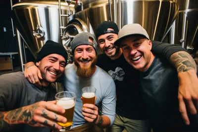 Four Friends Celebrating With Beer In A Brewery